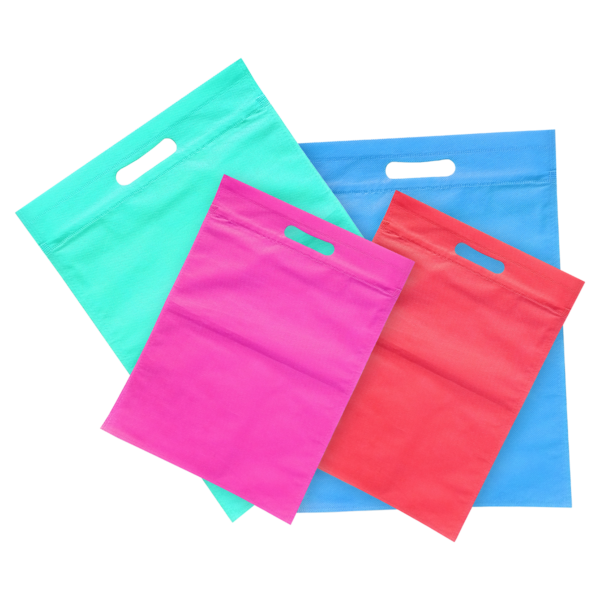 Four die-cut poly bags in different colors