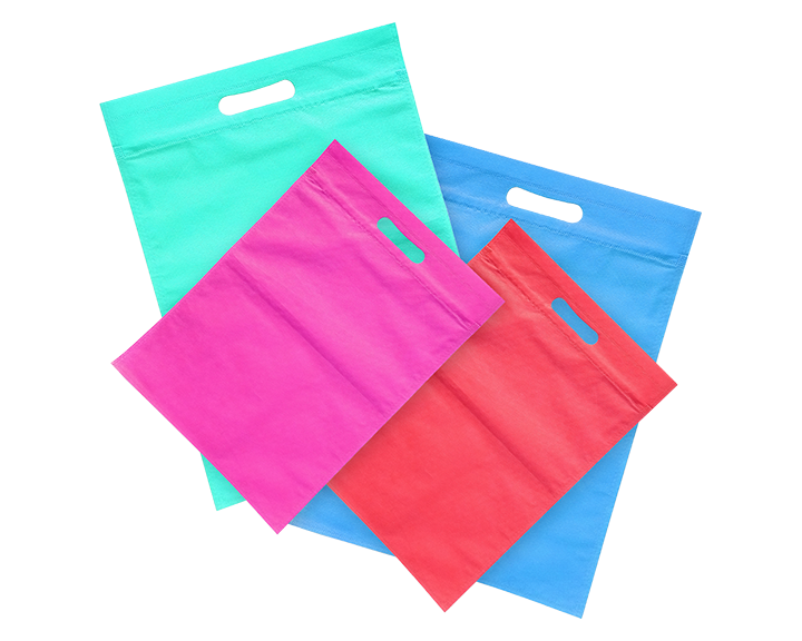 Four die-cut poly bags in different colors